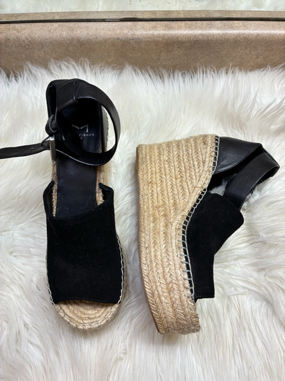 Marc Fisher Black Espadrille Platform Wedges with Ankle Wrap